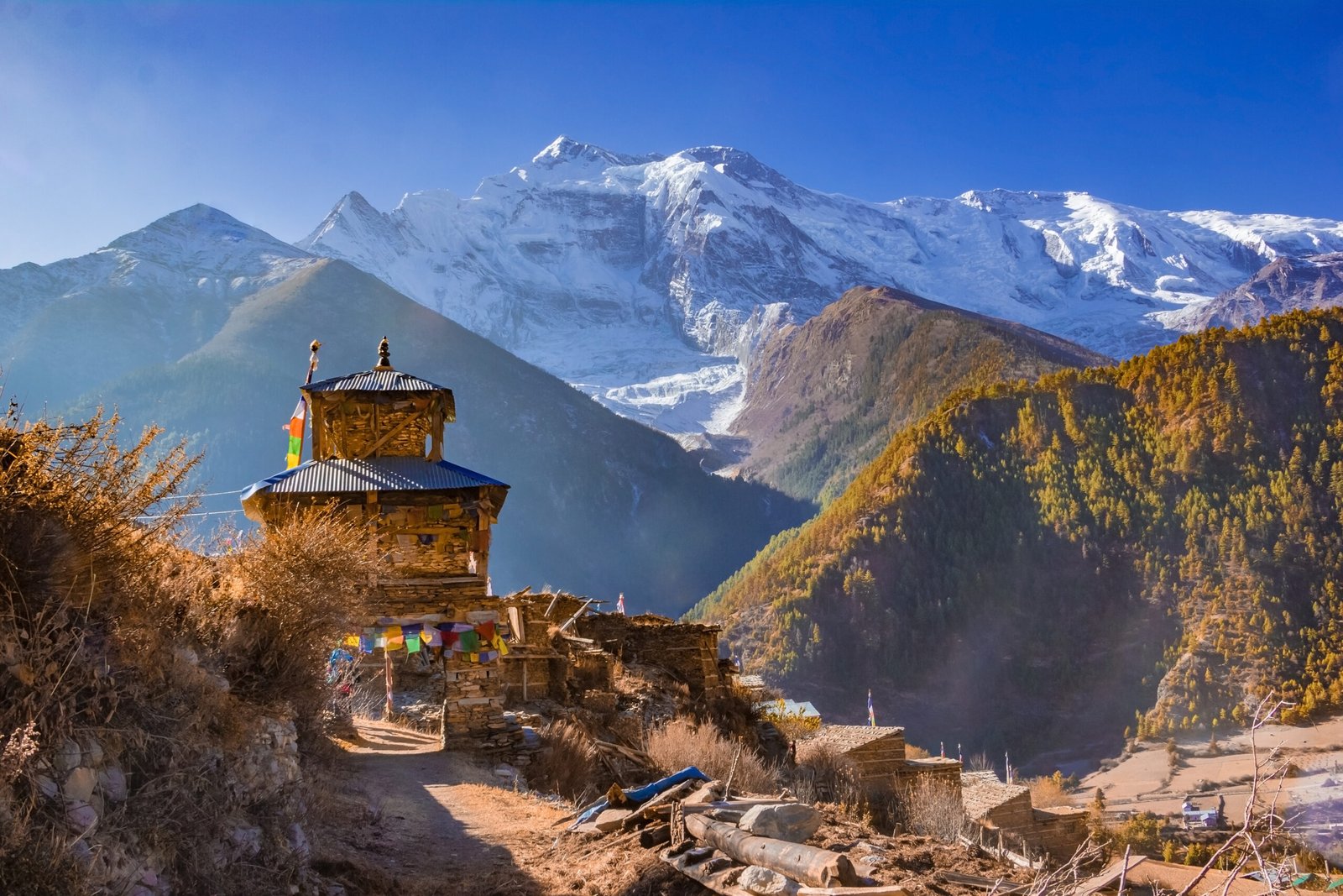 View of the majestic autumn mountains of Nepal from trekking around Annapurna